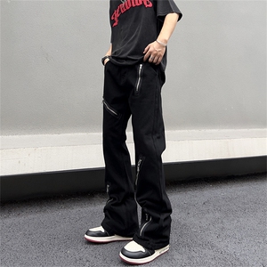 暗黑宽松微喇叭黑色牛仔裤多拉链设计感男女裤子N09037-P45图片