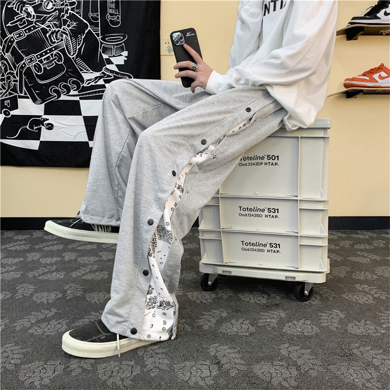 薄款运动腰果花裤子男士休闲长裤宽松九分抽绳灰色卫裤 K1156-P30图片