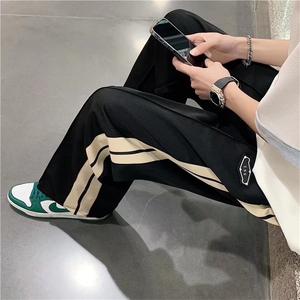 裤子男夏季韩版潮流条纹阔腿休闲长裤宽松直筒九分运动裤Q07-P32图片