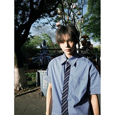 美式复古格子领带翻领短袖衬衫夏季男女宽松休闲学院风衬衣CS2700，男装T恤，星座601-1