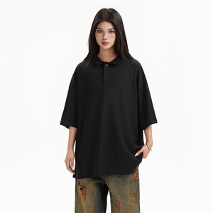 得物抖音二开 珠地网眼透气面料纯色宽松短袖T恤中性风翻领POLO衫图片