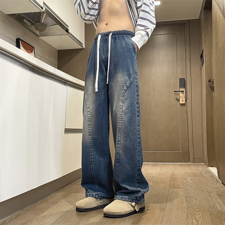 牛仔裤男复古潮牌做旧直筒裤子美式高街阔腿休闲长裤K760特批-40,男装休闲裤,星座718-1