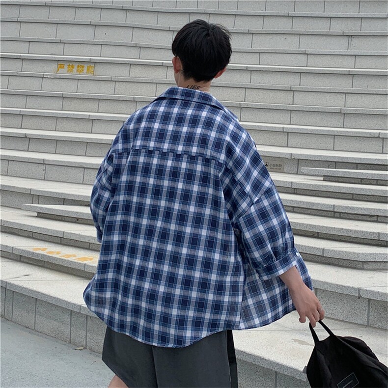 港风短袖衬衣七分袖格子衬衫D325C25P40,男装T恤,电商D325