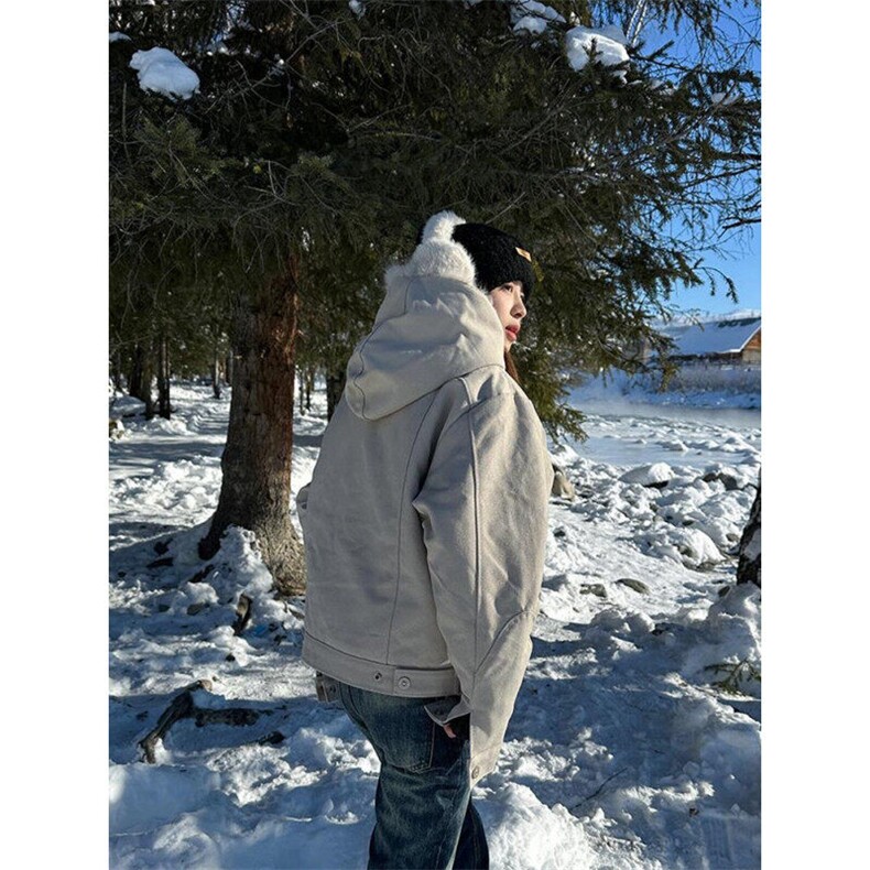米白色座山雕工装棉服男女毛领加厚美式复古短款连帽cleanfit外套,男装夹克,星座1005