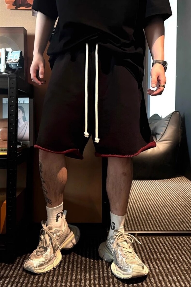 灰色重磅卷边短裤男款夏季毛圈美式运动裤子双色料休闲宽松五分裤,男装牛仔裤,四季星座310A