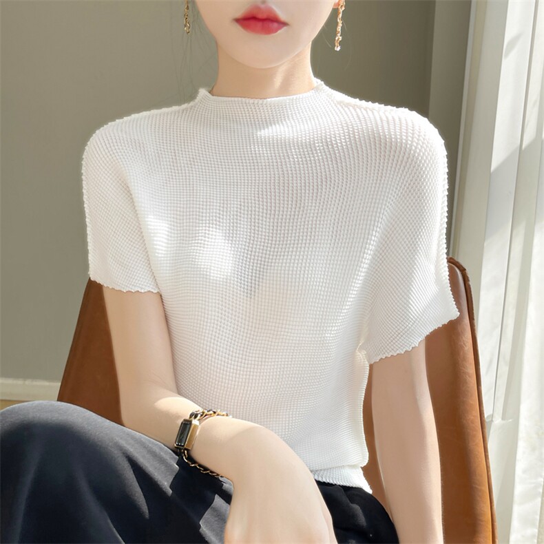 高级感压皱三宅上衣半高领短袖t恤女宽松夏肌理感打底衫弹力背心,女装T恤,昭美羊绒