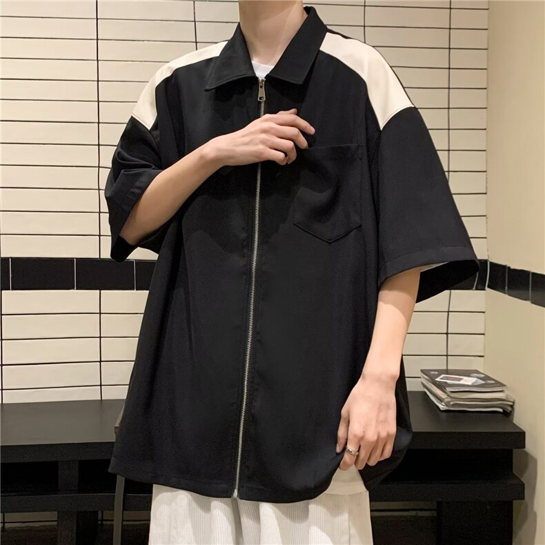 拉链短袖衬衫新款男女潮牌宽松bf风百搭拉链上衣1255P30,男装衬衫,星座410-2