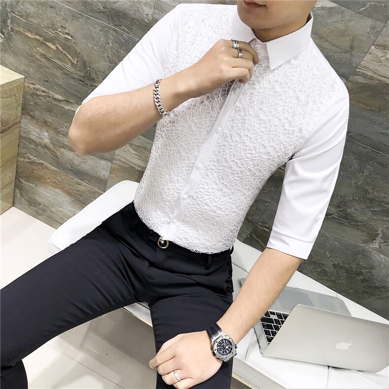 2021春夏新款修身衬衣男韩版潮个性七分袖衬衫发型师工服D440,男装衬衫,星座419（原A233）