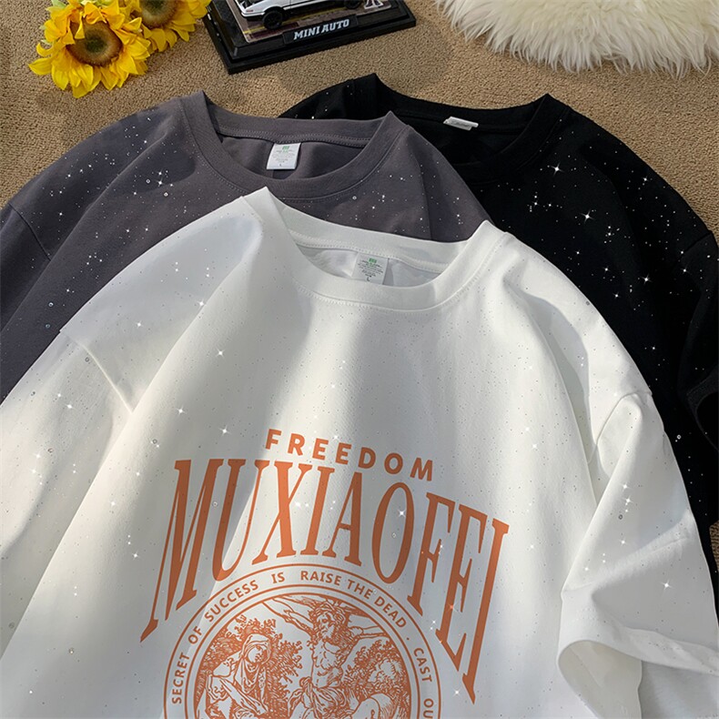 量大优供抖音视频支持得物配合二开美式满天星亮片短袖T恤MTX190,男装T恤,电商A486