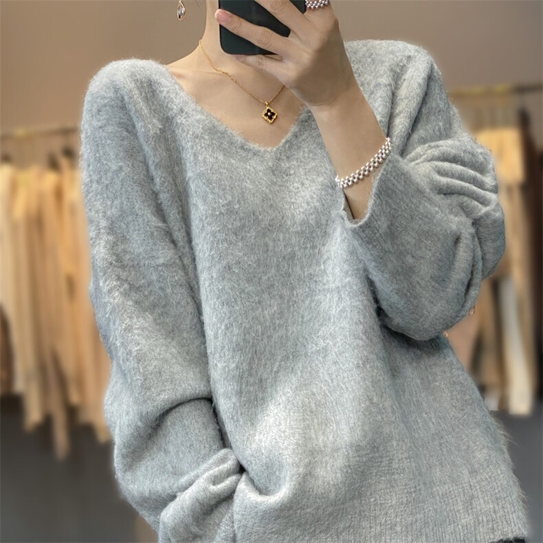 韩版宽松灰色V领马海毛衣秋冬2023新款女装宽松休闲软糯针织衫大,针织衫/毛衣,雪真羊绒