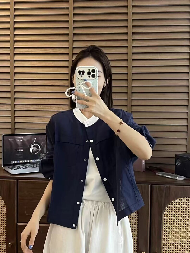 韩系文艺风撞色领子胸前口袋设计感开衫外套,女装短外套,湘姗