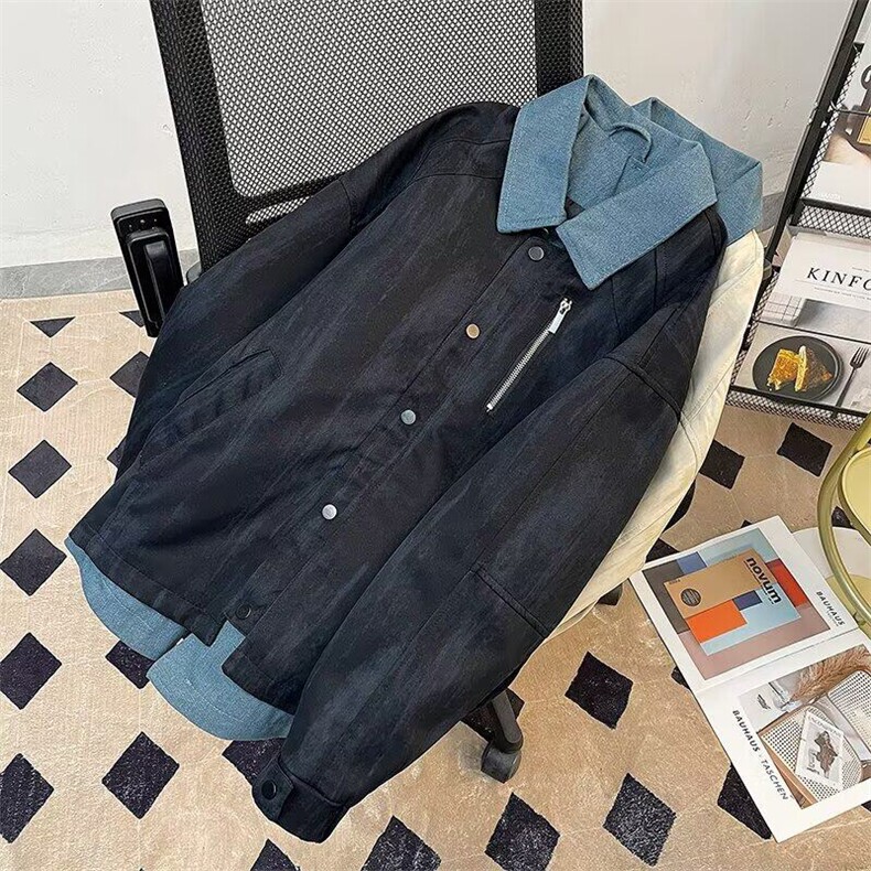 牛仔拼接假两件翻领外套男春秋痞帅衬衫领夹克上衣潮2877P100,男装夹克,星座410-2