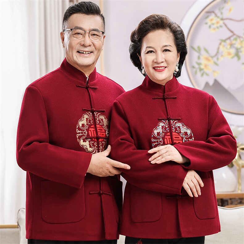 情侣装羊毛呢中老年秋款唐装套装男士风复古新中式双面呢唐装,男装休闲套装,钱塘723