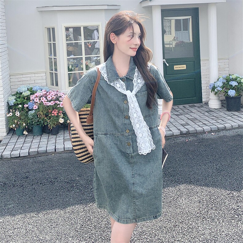 设计感蕾丝披肩短袖牛仔连衣裙女夏季2025新款韩版高级感显瘦裙子,女装连衣裙,2D076