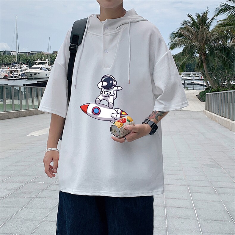 LD54158-P45连帽短袖t恤男大码胖子带帽五分袖中袖,男装T恤,电商A040