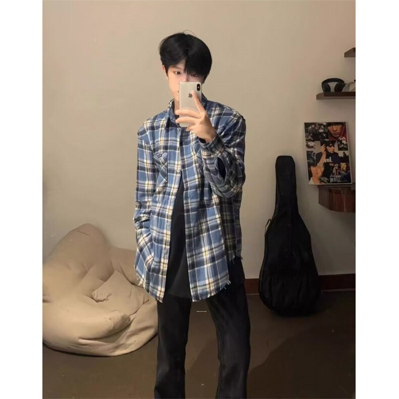 网络图春秋蓝色毛边长袖格纹宽松衬衫男女上衣休闲外套潮C157,男装衬衫,星座1116A（原606A-3）
