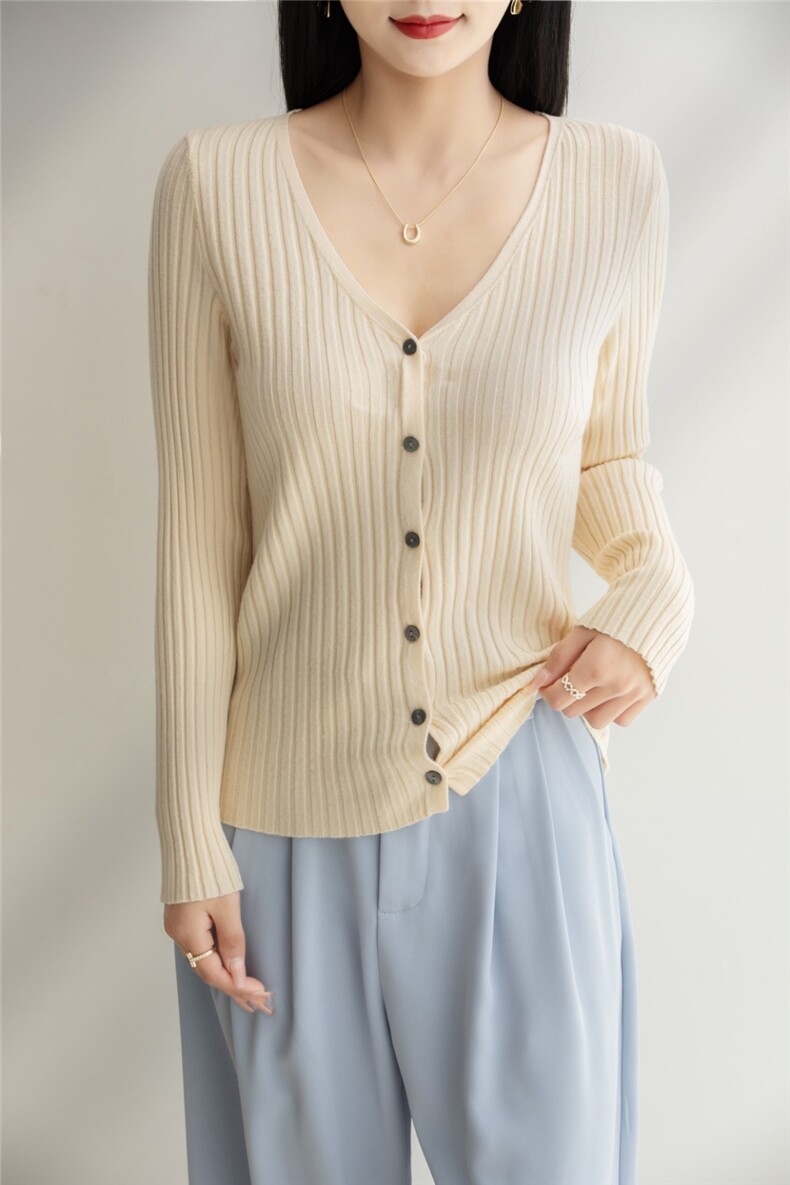 新款抽条纯色针织开衫时尚百搭长袖，女装针织衫/毛衣，众美斯特