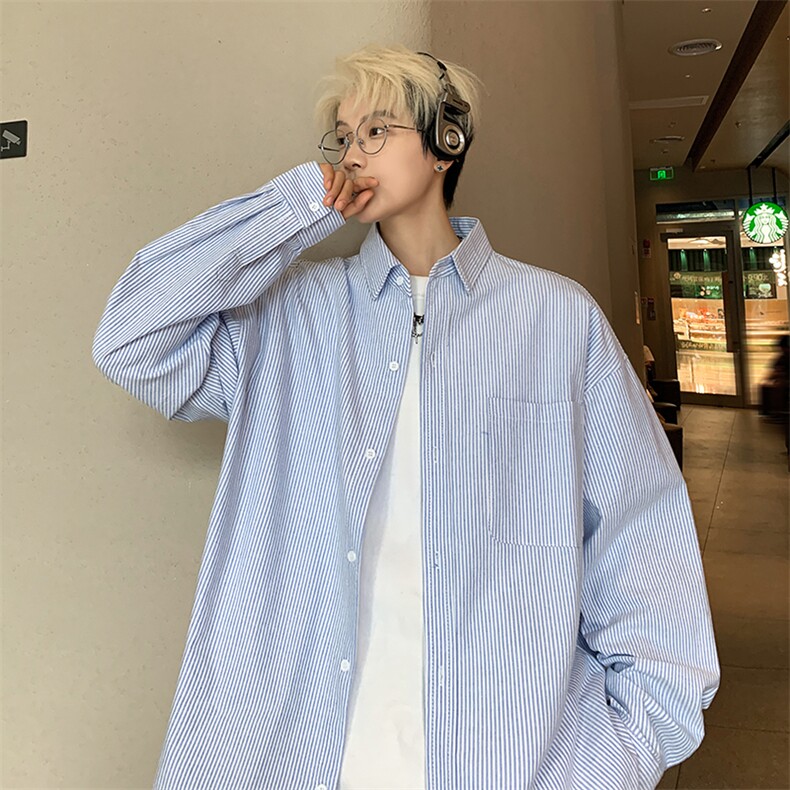 港风日系复古慵懒风竖条纹宽松翻领长袖衬衫XZ213-GC8824-P60控78,男装衬衫,星座213