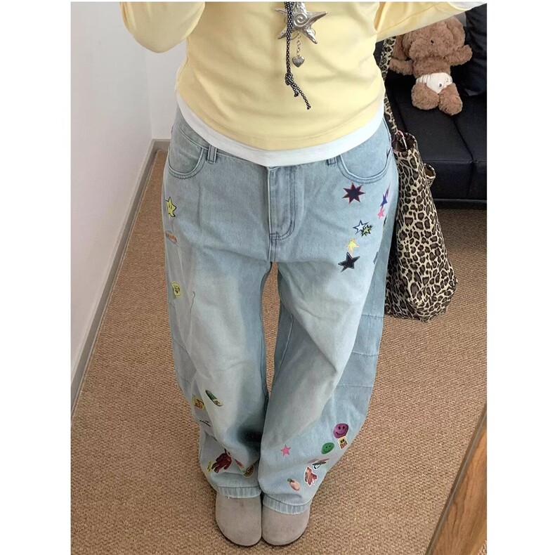 刺绣花水洗垂感牛仔裤女春新款高腰宽松显瘦百搭直筒阔腿拖地裤潮,男装牛仔裤,星座1210-1