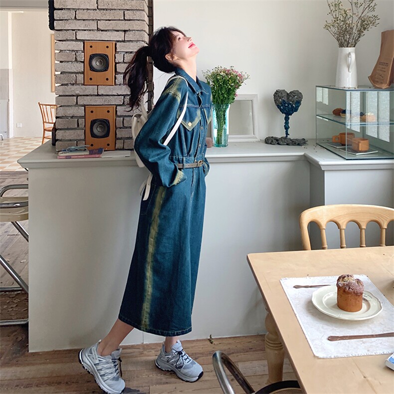 拼接牛仔连衣裙女2024春季新款小个子修身裙子衬衫裙，女装连衣裙，点滴