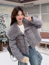 灰色羊羔毛大翻领派克羽绒服2025新款女冬复古洋气巨好看小香外套，女装羽绒服，慧尚依恋