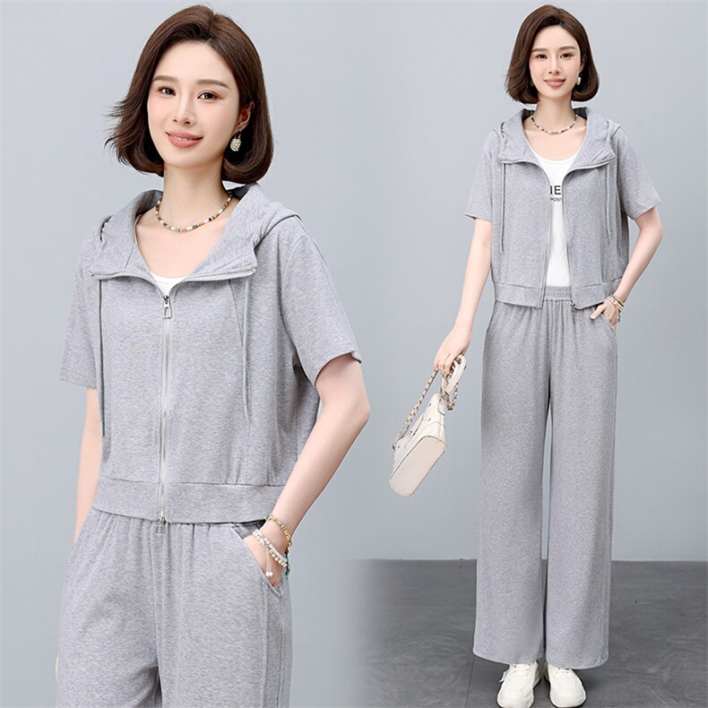 时尚休闲运动套装女2025夏季新款中年妈妈洋气减龄连帽卫衣两件套,女装套装/套裙,依恋蒂丝