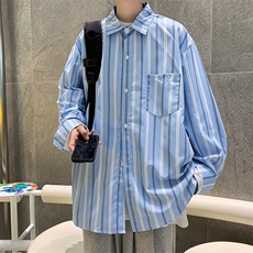 overesize条纹衬衫外套男薄款复古印花长袖中性宽松慵懒风衬衣潮，男装衬衫，星座716-3