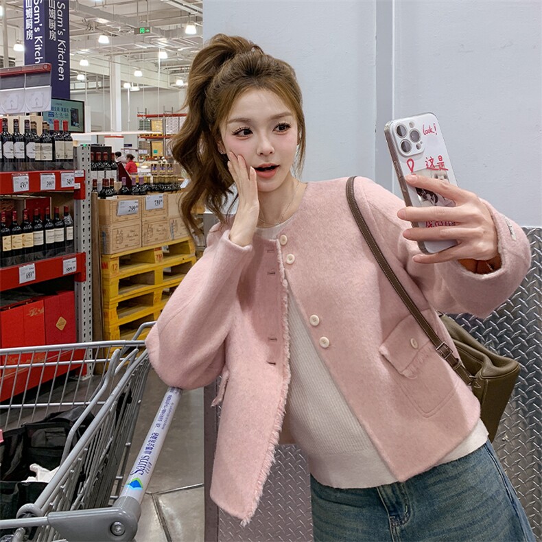 新品粉色超好看小个子双面羊毛大衣女外套A509P195K298,女装短外套,2C268