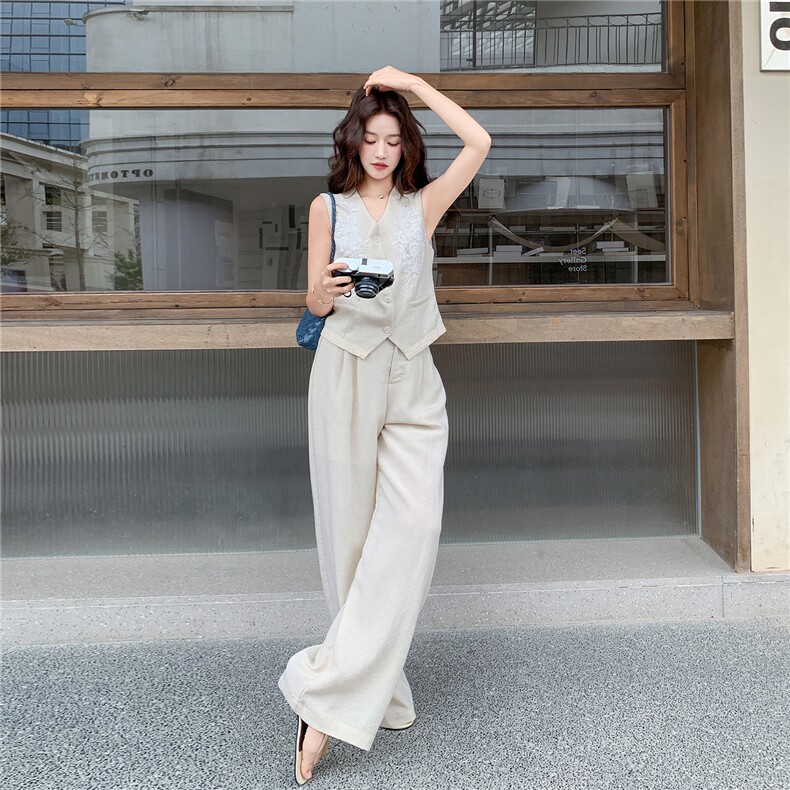 简约老钱风重工刺绣马甲阔腿裤套装女2026夏季显瘦超好看一整套，女装套装/套裙，流量+
