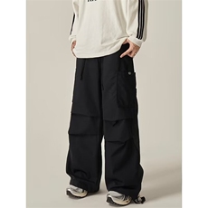 港风春夏款男女休闲裤工装褶皱大口袋阔腿抽绳长裤HK7P50，男装工装外套，星座1013-1