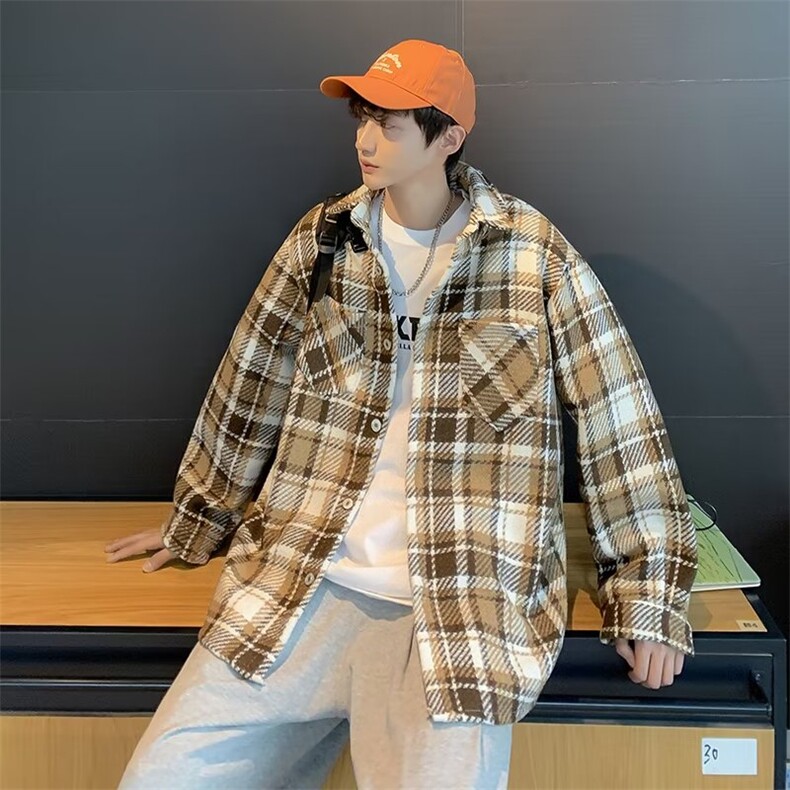 外套男毛呢格子日系秋冬季复古宽松加厚衬衫工装夹克衬衣C28-P63,男装衬衫,星座308B-2