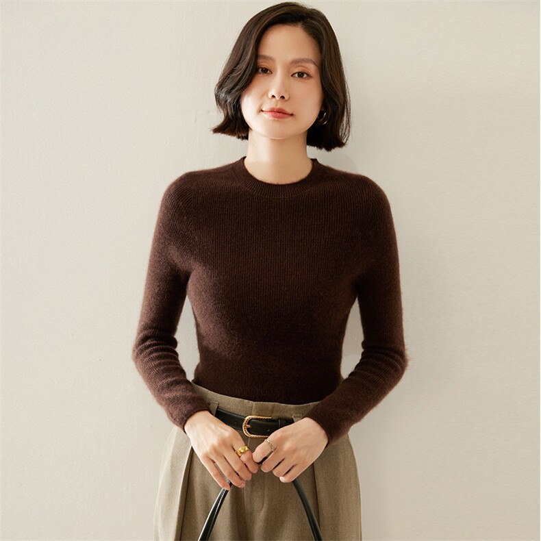 时尚百搭女士羊毛圆领毛衣修身显瘦长袖针织衫,女装羊毛衫,温伦斯特羊绒
