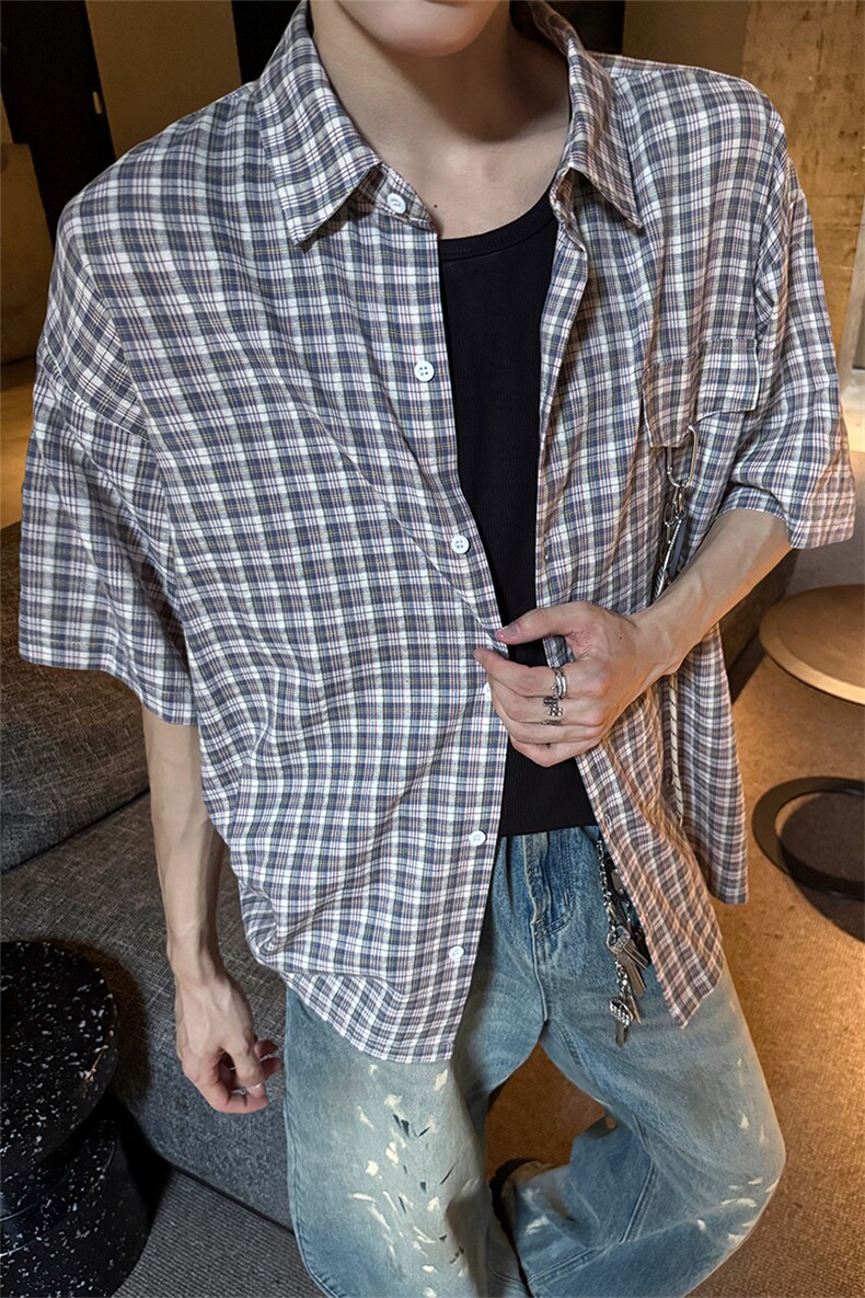 CS1151-特批40控78夏季新款男女格子短袖大码男衬衫（带配件）,男装T恤,电商A059