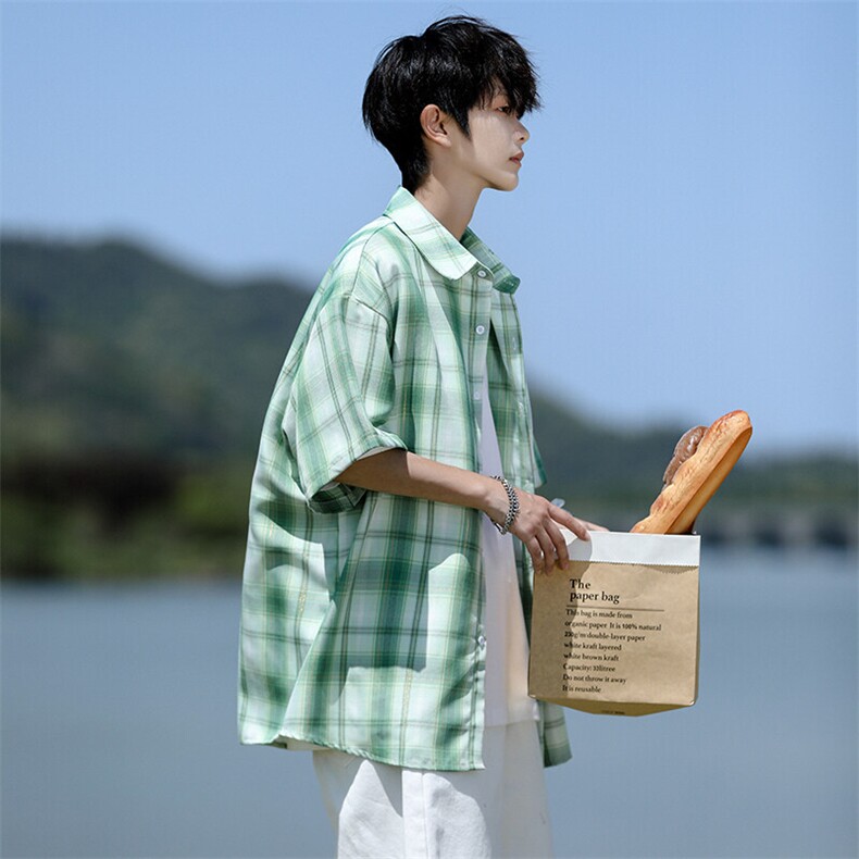 8XL-M格子短袖衬衫男夏季薄款DK制服衬衣JK学院风半袖外套DC28004图片