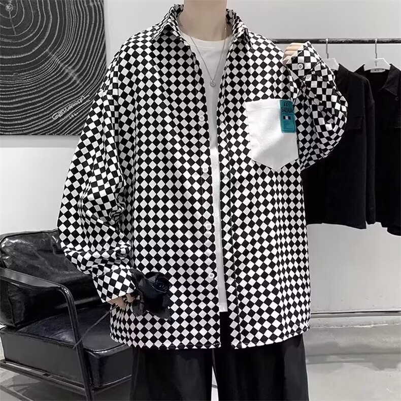 新款千鸟格衬衫男士高级感潮牌韩版上衣2025新款春秋款潮图片