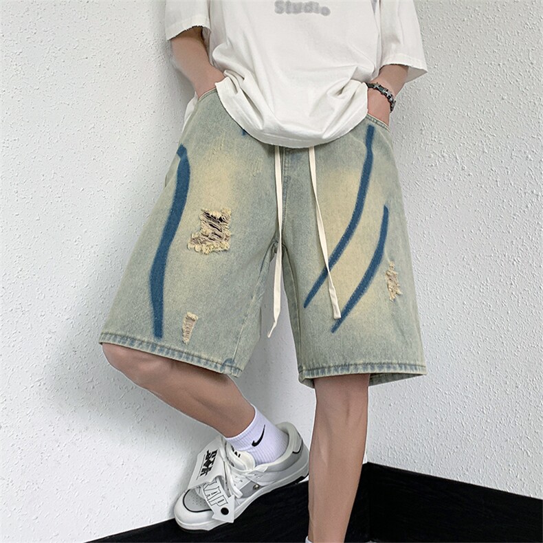 2023夏季新款港风美式高街ins破洞松紧腰牛仔裤五分裤DK282-P45,男装牛仔裤,星座313A(原308A-2)