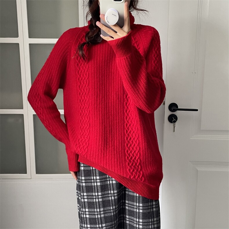 百搭堆堆领羊毛衫女秋冬新款加厚保暖针织毛衣宽松显瘦,女装羊毛衫,唯若美羊绒