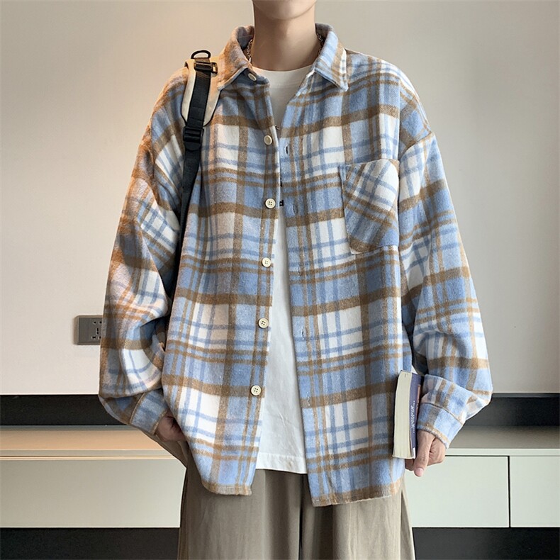 A838-P38秋季薄款男女同款格子衬衫ins潮流宽松长袖格纹衬衣外套,男装衬衫,星座512-6