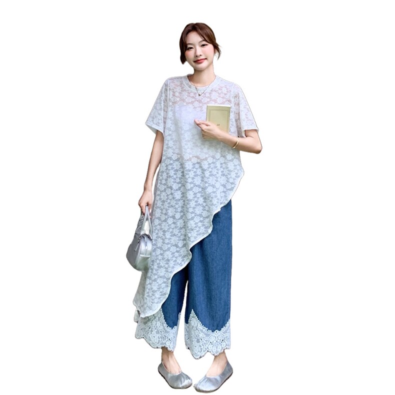 不规则叠穿蕾丝罩衫连衣裙阔腿裤女两件套2025夏季新款宽松套装裙,女装套装/套裙,2B237