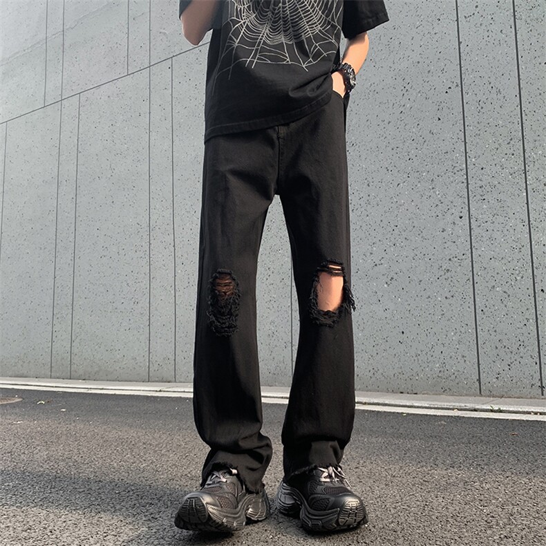 破洞牛仔裤男夏季高街设计感直筒裤美式潮牌长裤N06228-P40,男装牛仔裤,星座308B-2