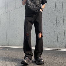 破洞牛仔裤男夏季高街设计感直筒裤美式潮牌长裤N06228-P40，男装牛仔裤，星座308B-2