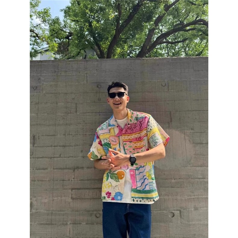 夏威夷短袖花衬衫男女夏季凉感复古油画宽松衬衣外套休闲情侣上衣,男装T恤,星座506A