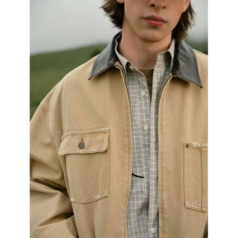 多口袋日系街头立体剪裁皮衣领外套拼接翻领休闲夹克外套JKK31p85，男装皮衣，电商D256