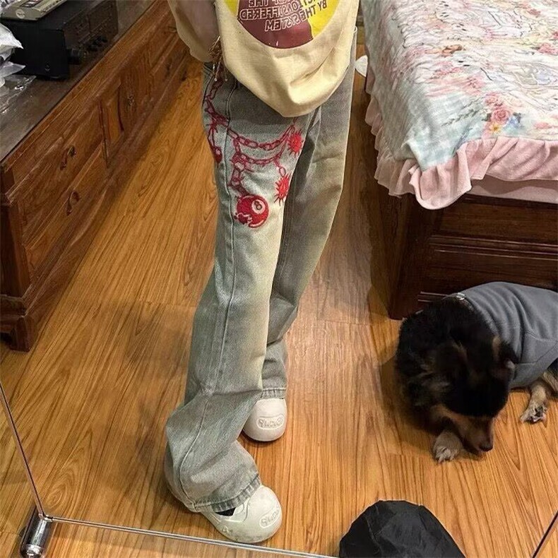 美式复古刺绣花型水洗做旧牛仔裤男直筒微喇高街情侣长裤AM22P41,男装牛仔裤,星座1013-1