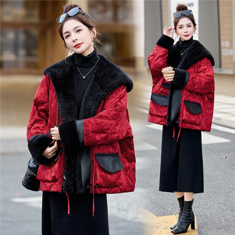 现货，现货，2025冬装新款皮毛一体拼接时尚潮流保暖羽绒服,女装羽绒服,伊仟回