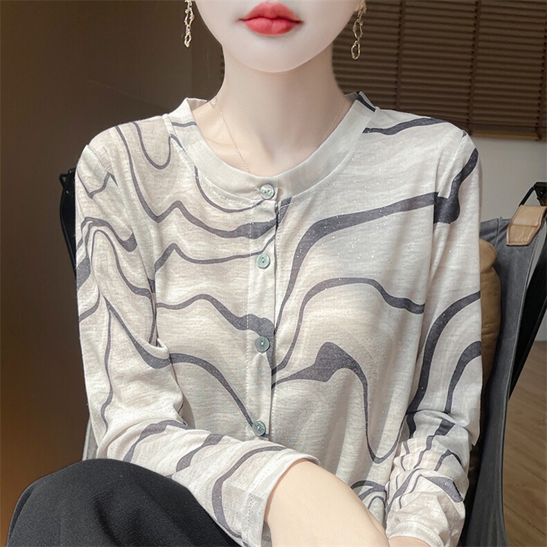 法式水墨印花针织开衫女长袖防晒衣2025新款印花时尚冰丝薄外套衫,针织衫/毛衣,朝贺羊绒