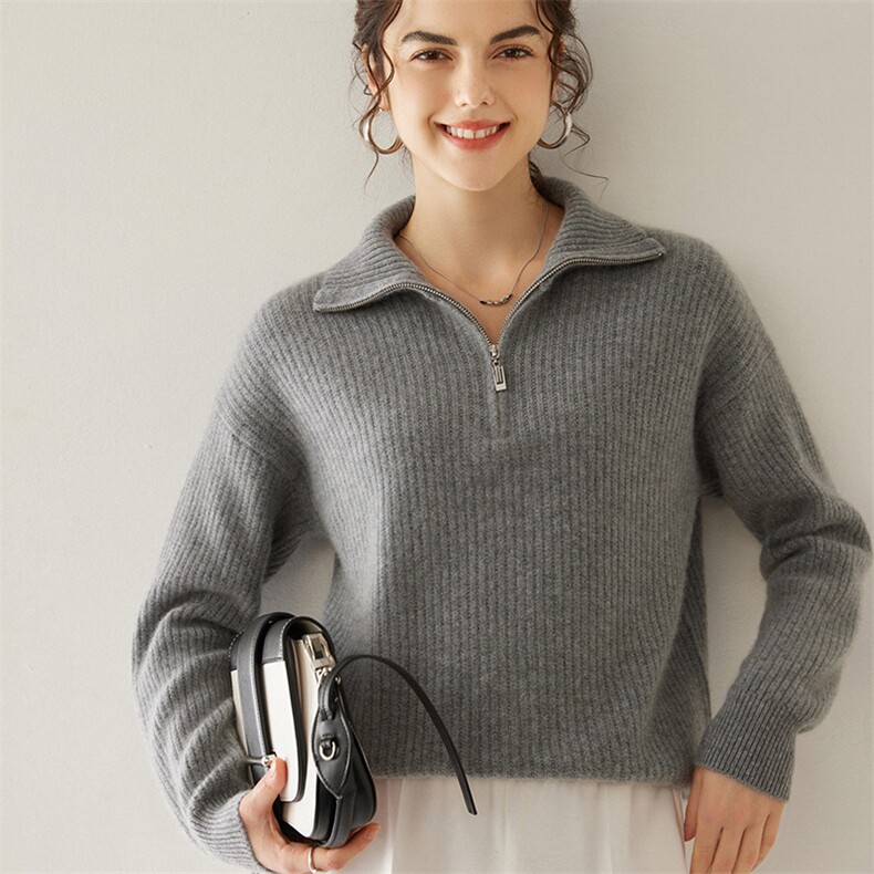 小baby山羊绒衫秋冬新款半拉链高翻领宽松加厚毛衣套头针织打底衫，女装羊绒衫，轩妮羊绒
