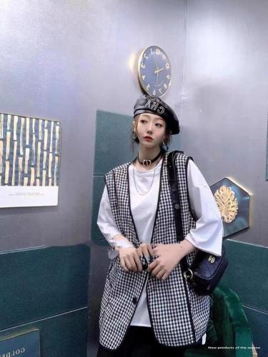 AX9601欧洲站夏季新款宽松BF风短袖T恤+格子马甲两件套,女装T恤,L·H·X