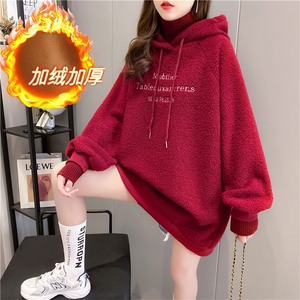360克羊羔绒刺绣高领卫衣女冬连帽加绒加厚大码女装