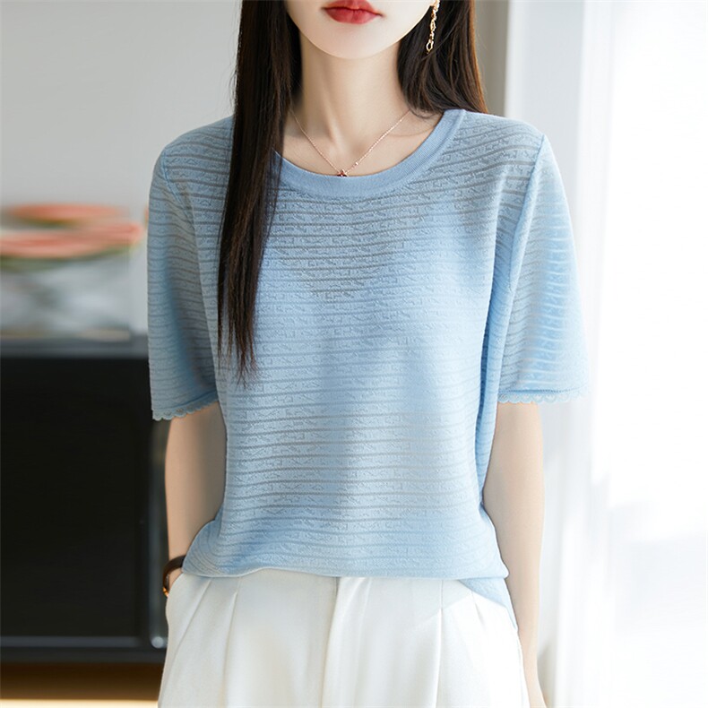 夏季新品2025韩版天丝半袖女圆领镂空大码短袖T恤女气质,针织衫/毛衣,唐诺